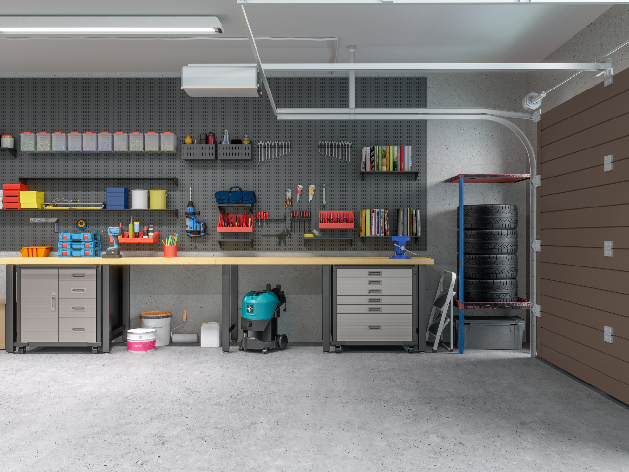 A clean, well organized garage with wall storage