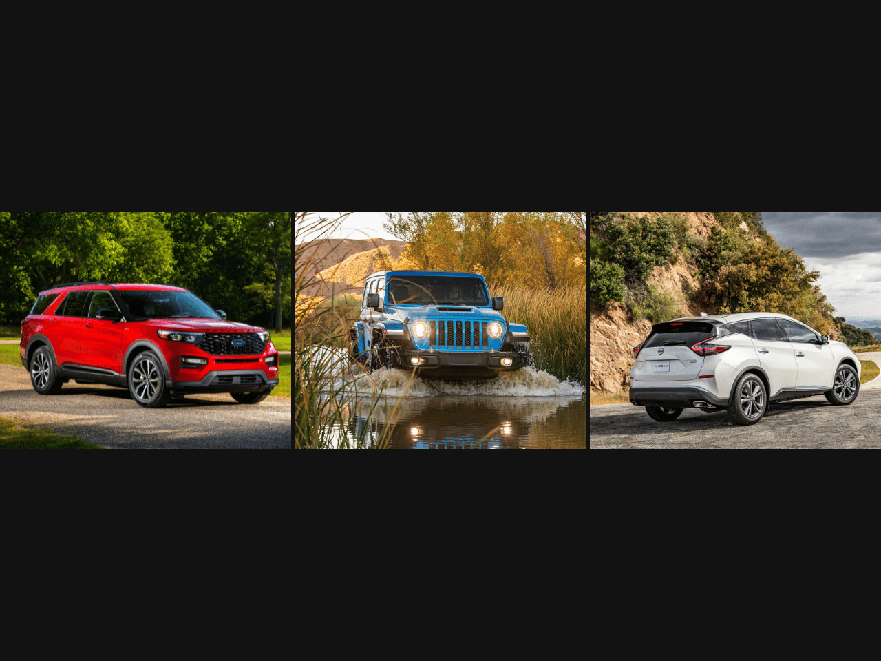 Ford Explorer, Jeep Wrangler, and Nissan Murano compared side by side